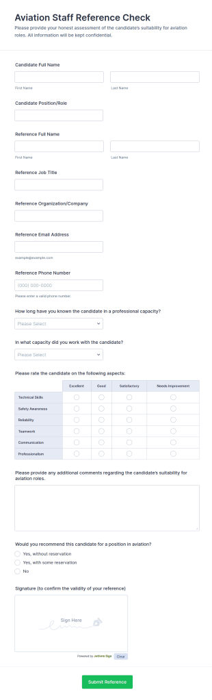 Aviation Staff Reference Check Form Template