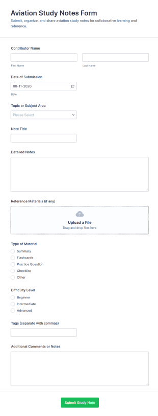 Aviation Study Notes Form Template