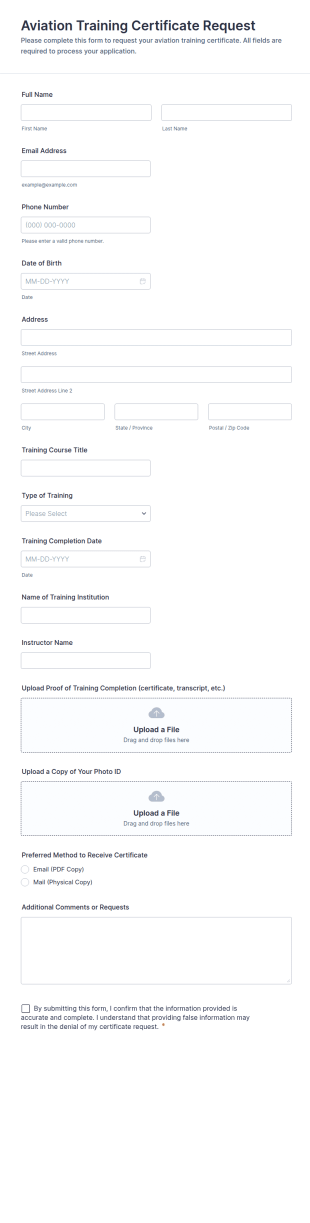 Aviation Training Certificate Request Form Template