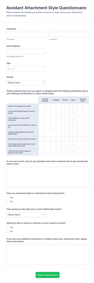 Avoidant Attachment Style Questionnaire Form Template