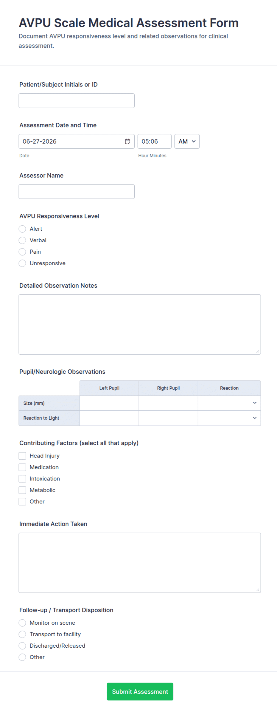 AVPU Scale Medical Assessment Form Template | Jotform