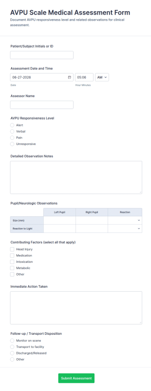 AVPU Scale Medical Assessment Form Template