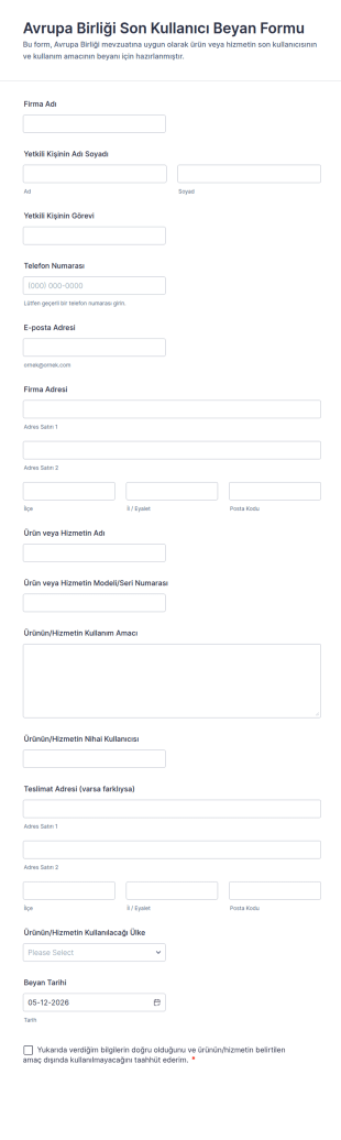 Avrupa Birliği Son Kullanıcı Beyan Form Şablonu