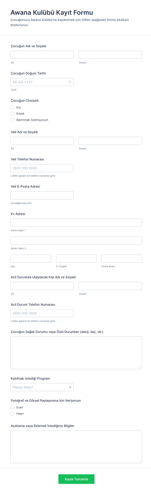 Awana Kulübü Kayıt Form Şablonu