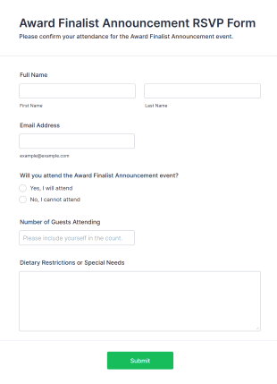 Award Finalist Announcement RSVP Form Template
