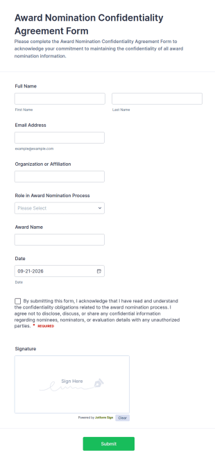 Award Nomination Confidentiality Agreement Form Template