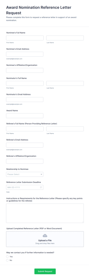 Award Nomination Reference Letter Request Form Template
