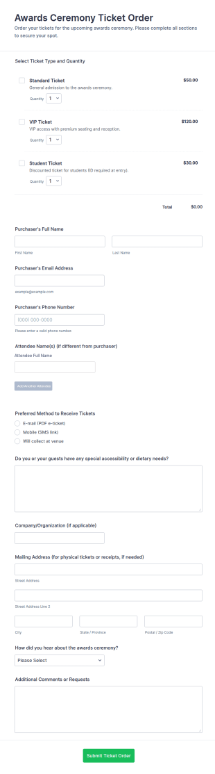 Awards Ceremony Ticket Order Form Template