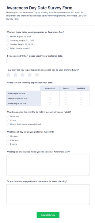 Awareness Day Date Survey Form Template