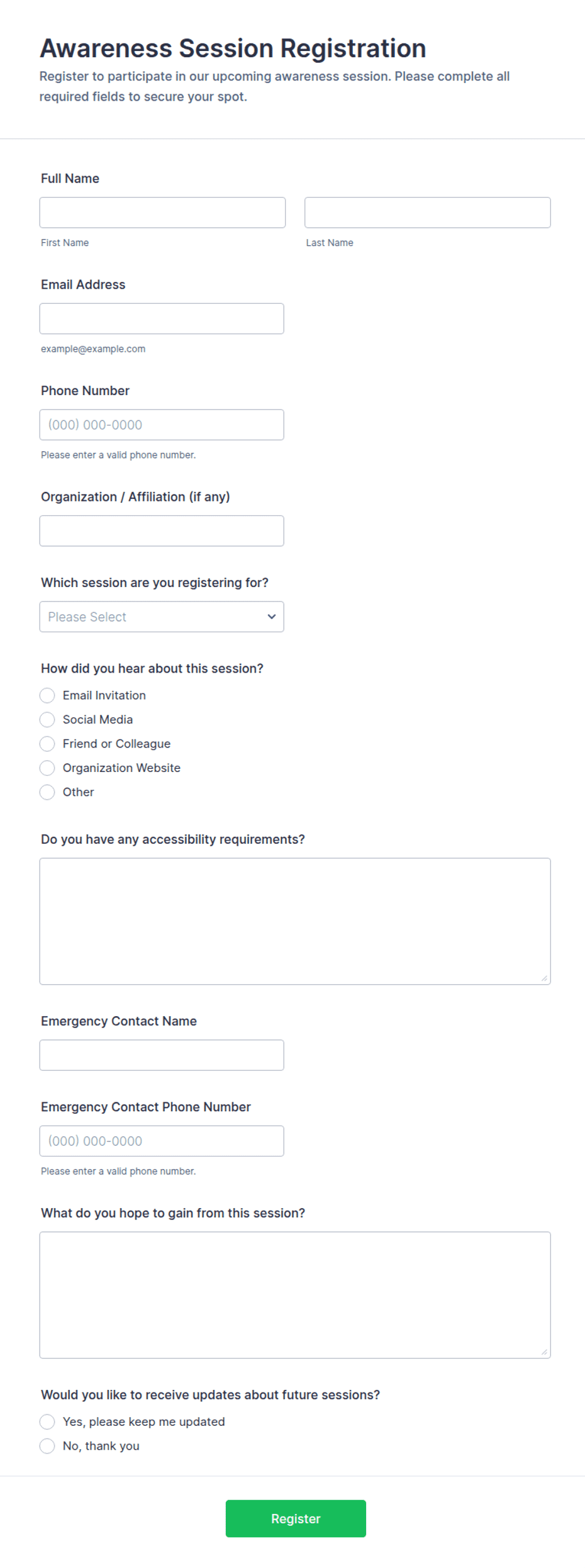 Session Register Template Awareness Session Registration Form Template | Jotform