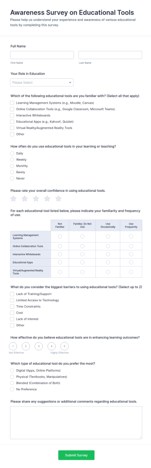 Awareness Survey On Educational Tools Form Template
