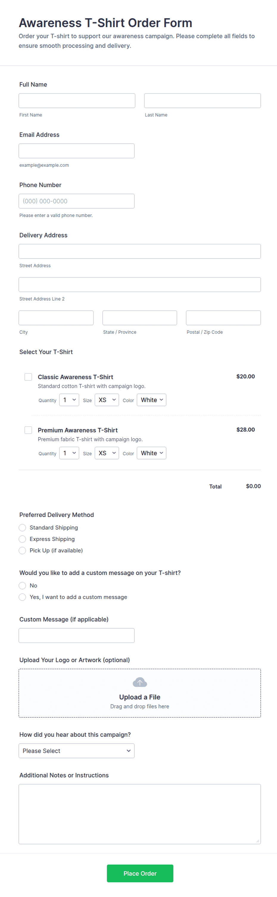 Awareness T-Shirt Order Form Template | Jotform