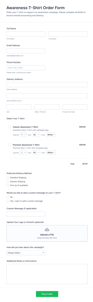 Awareness T Shirt Order Form Template
