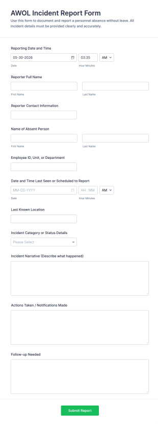 AWOL Incident Report Form Template