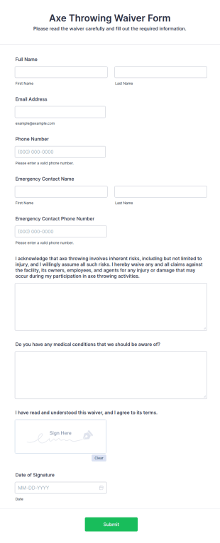 Axe Throwing Waiver Form Template
