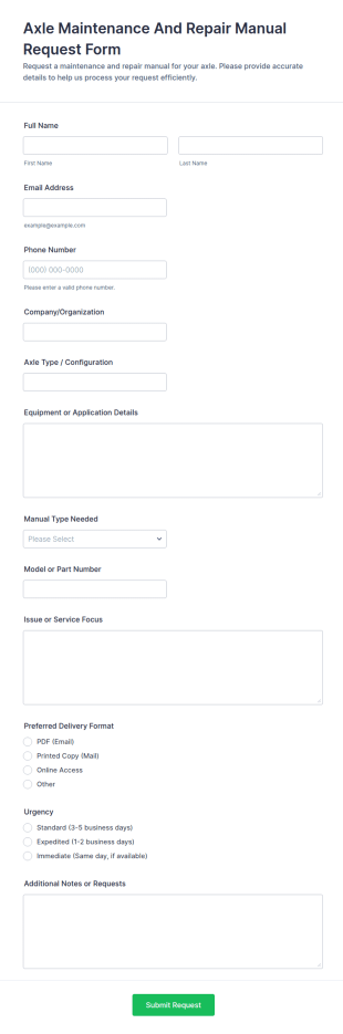Axle Maintenance And Repair Manual Request Form Template