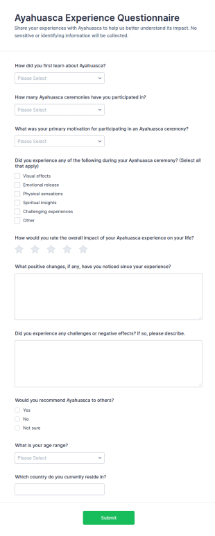 Ayahuasca Experience Questionnaire Form Template