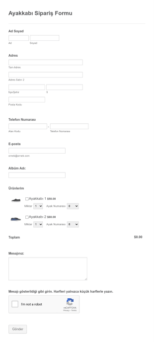 Ayakkabı Sipariş Ve Ödeme Form Template