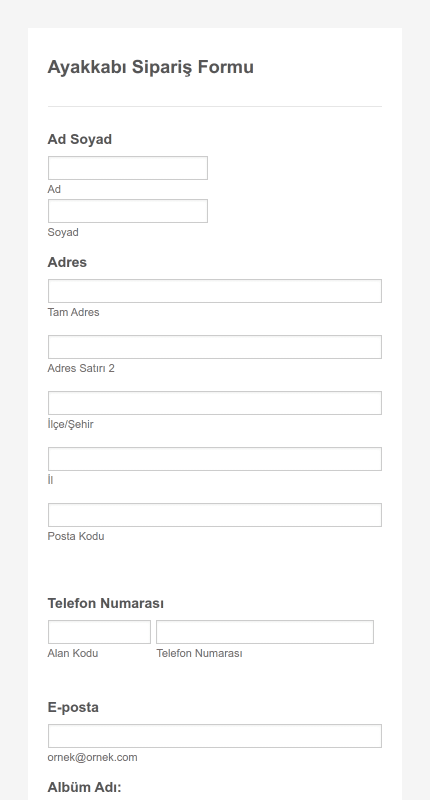 Ayakkabı Sipariş ve Ödeme Formu Örneği
