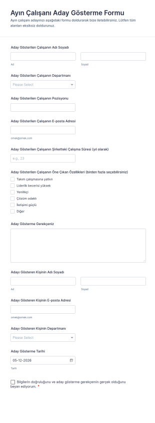 Ayın Çalışanı Aday Gösterme Form Şablonu