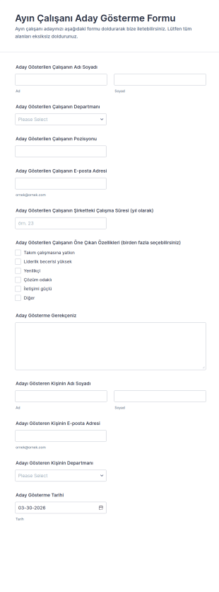 Ayın Çalışanı Aday Gösterme Form Şablonu