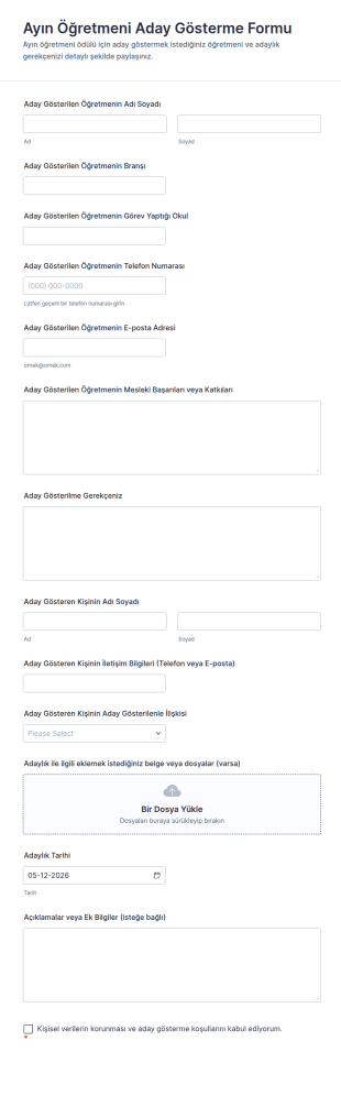 Ayın Öğretmeni Aday Gösterme Form Şablonu
