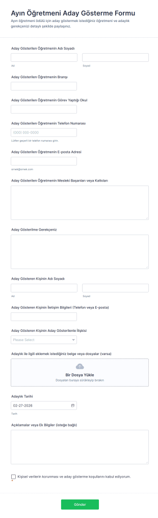 Ayın Öğretmeni Aday Gösterme Form Şablonu