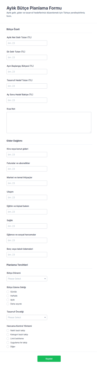 Aylık Bütçe Planlama Form Şablonu