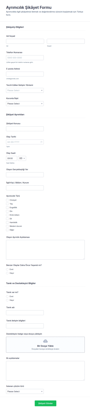 Ayrımcılık Şikayetleri Anketi Form Şablonu
