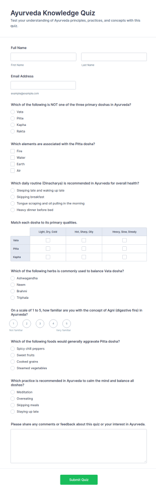 Ayurveda Knowledge Quiz Form Template