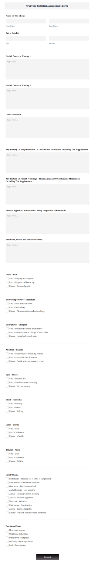 Ayurveda Nutrition Assessment Form Template