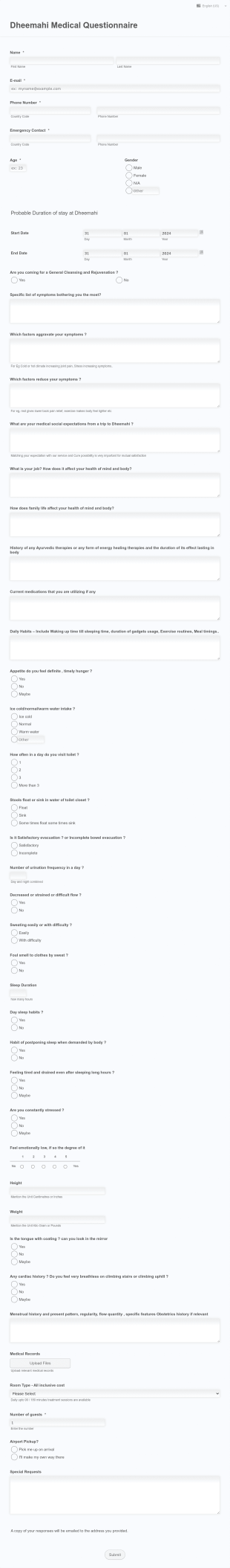 Ayurvedic Center Medical Questionnaire Form Template