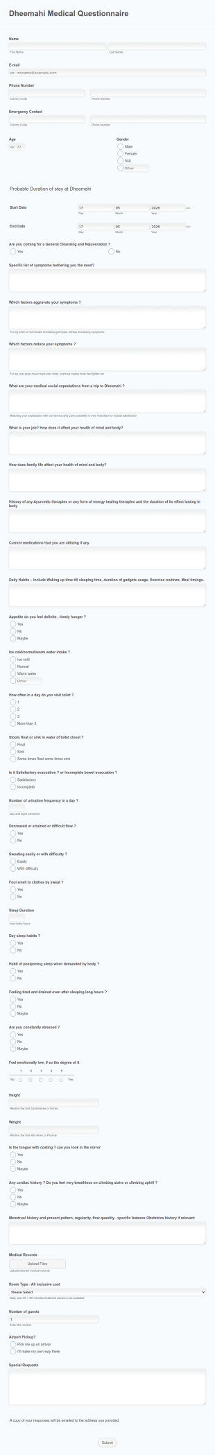 Ayurvedic Center Medical Questionnaire Form Template