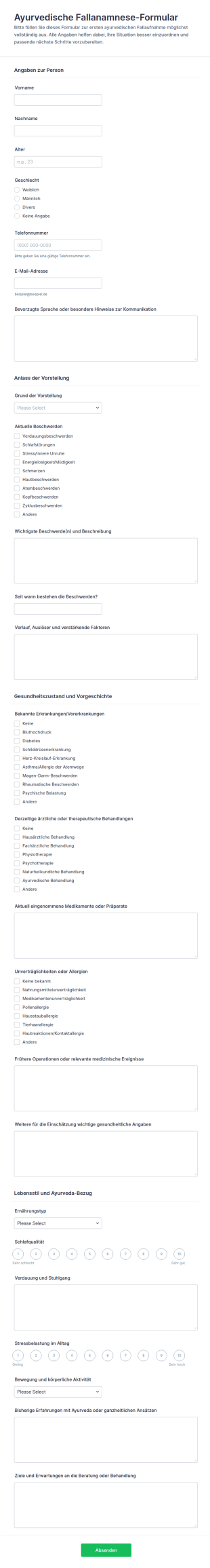 Ayurvedischer Fall Diagnose Fragebogen