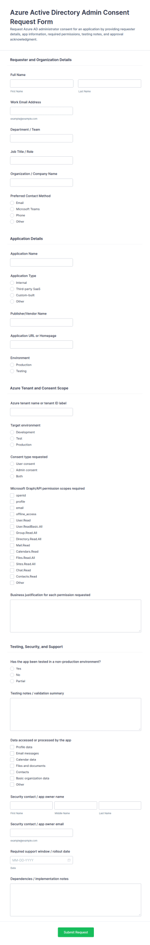 Azure Active Directory Admin Consent Request Form Template