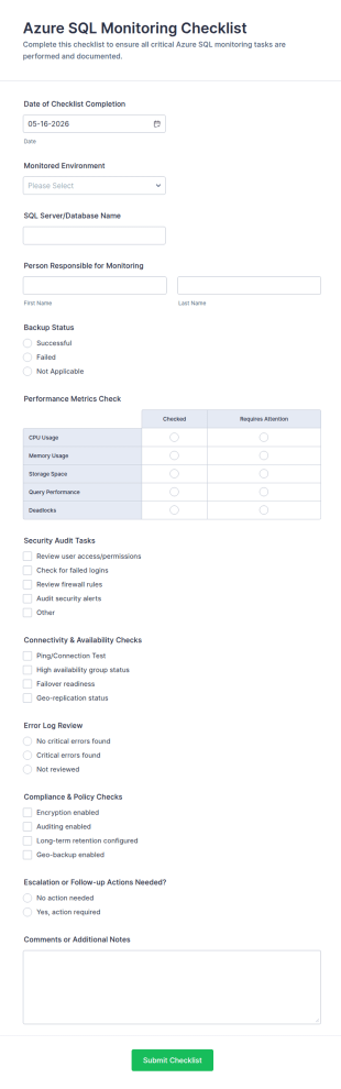 Azure SQL Monitoring Checklist Form Template