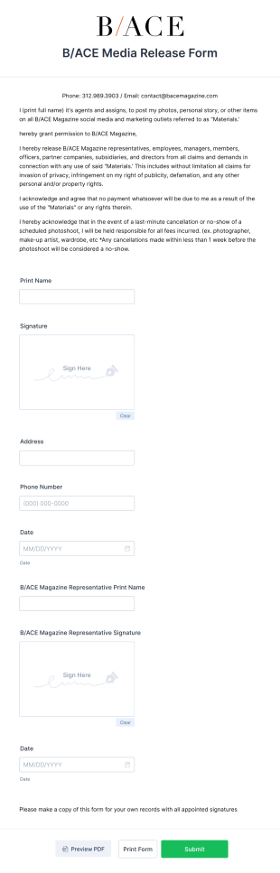 Magazine Media Release Form Template