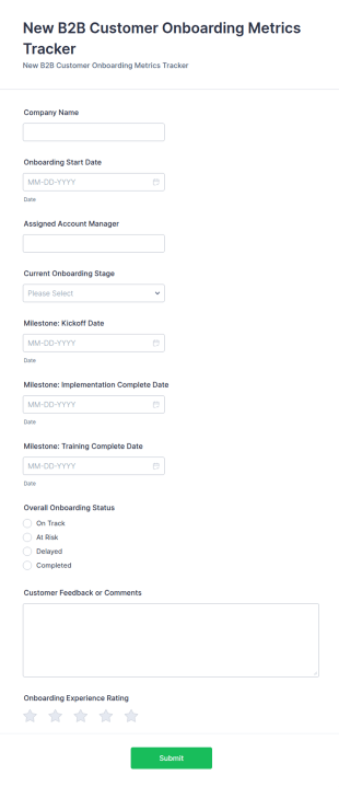 B2B Customer Onboarding Metrics Tracker Form Template