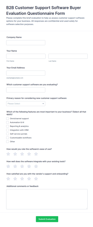 B2B Customer Support Software Buyer Evaluation Questionnaire Form Template