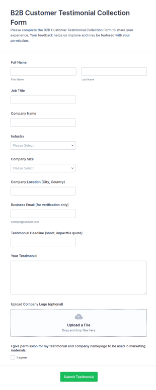 B2B Customer Testimonial Collection Form Template