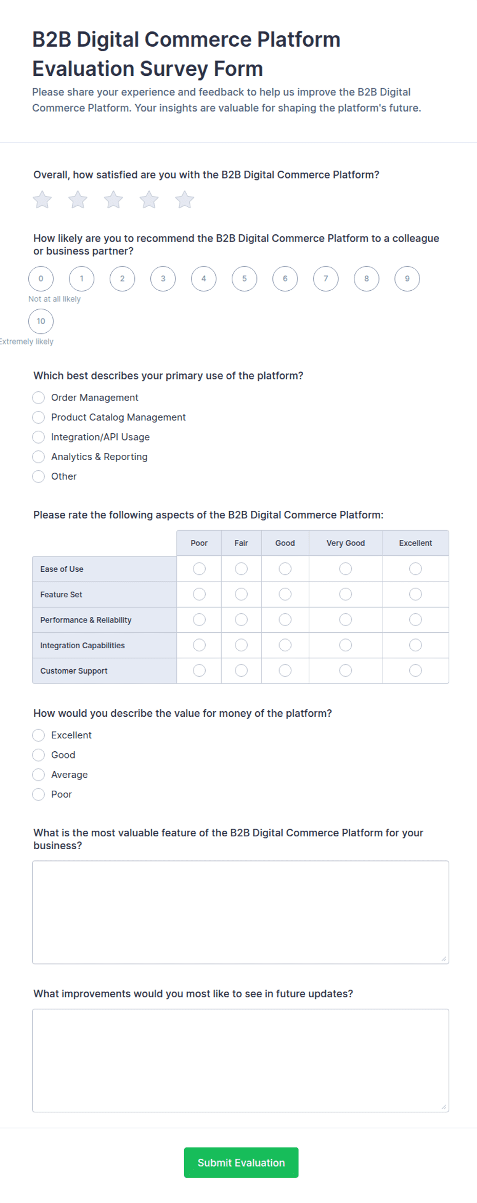 App Questionnaire Examples B2B Digital Commerce Platform Evaluation Survey Form Template | Jotform