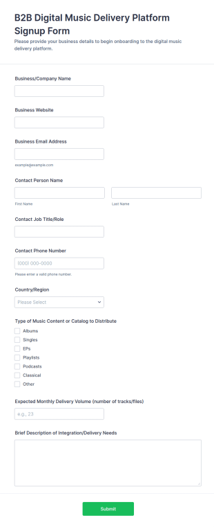 B2B Digital Music Delivery Platform Signup Form Template