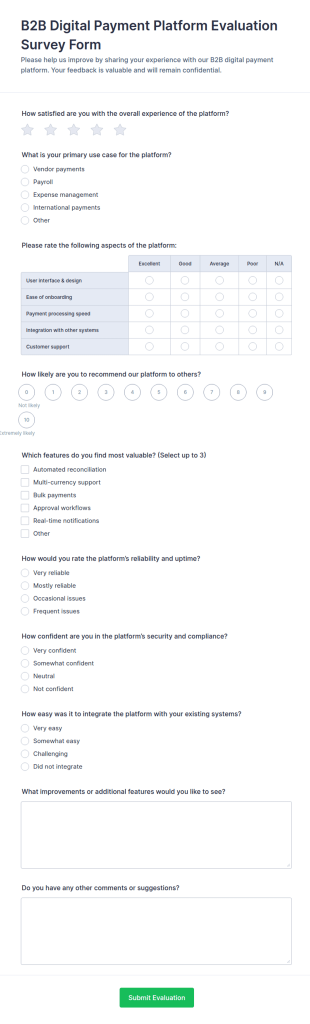 B2B Digital Payment Platform Evaluation Survey Form Template
