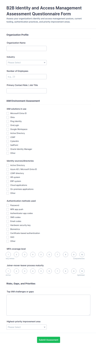 B2B Identity And Access Management Assessment Questionnaire Form Template