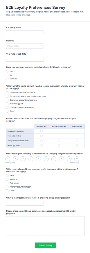 B2B Loyalty Preferences Survey Form Template