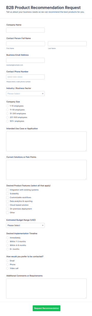 B2B Product Recommendation System Request Form Template