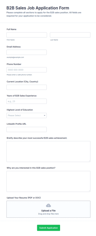 B2B Sales Job Application Form Template