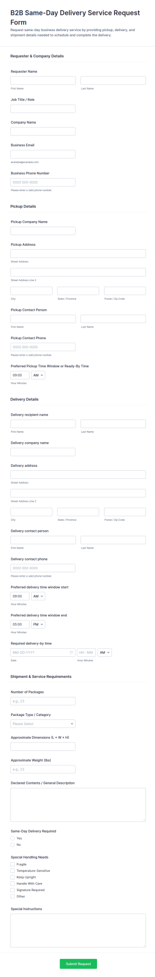 B2B Same Day Delivery Service Request Form Template