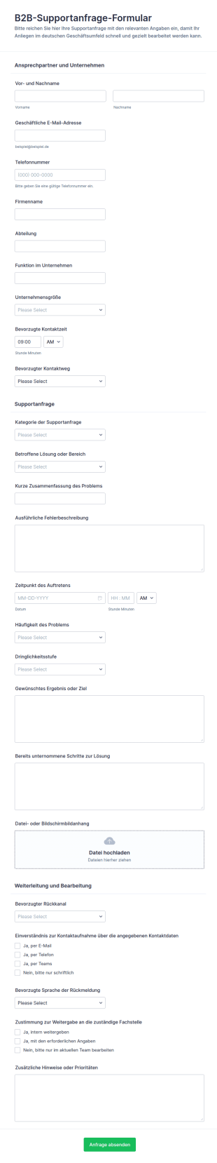 B2B Support Anfrageformular