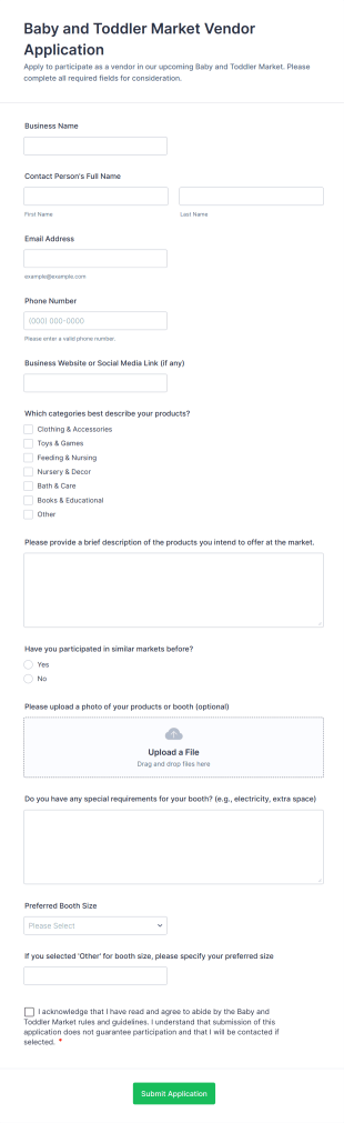 Baby And Toddler Market Vendor Application Form Template